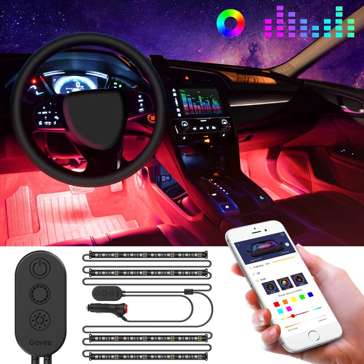 Interior Car Lights, Govee Car LED Strip Light Upgrade Two-Line Design Waterproof 4pcs 48 LED APP Controller Lighting Kits, Multi DIY Color Music Under Dash Car Lighting with Car Charger, DC 12V